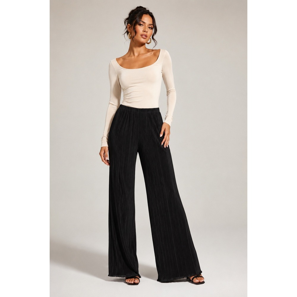 Swank A Posh Black Pleated Plisse Wide Leg Pants L Y2K Minimalist Glam Cocktail